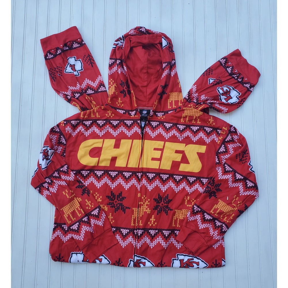 NFL Kansas City Chiefs Ugly Christmas Fair Isle Hooded Union Suit Pajamas Small
